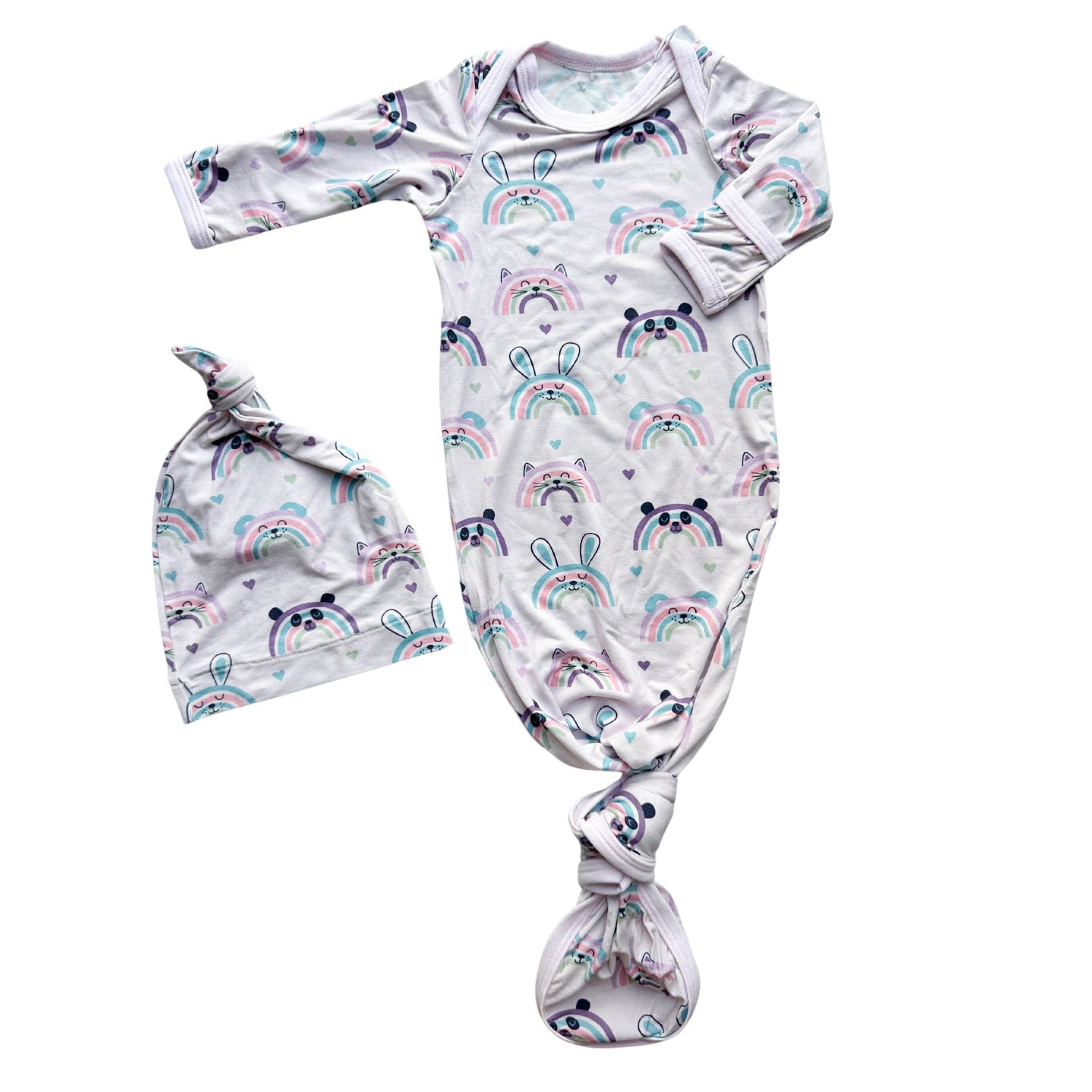 Baby convertible gown with rainbow print and matching hat, featuring fold-over hand mittens