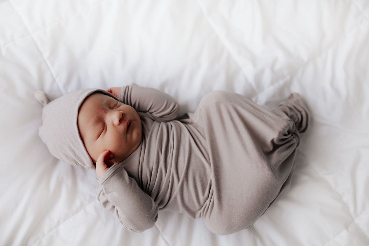 Three Little Tots Harbor Mist Neutral Knotted Newborn Baby Gown - 