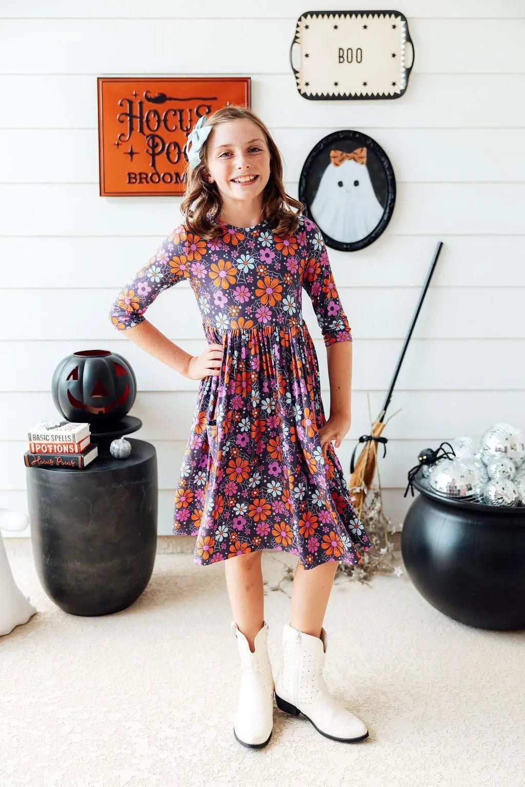 Mila & Rose ® Haunted Garden 3/4 Sleeve Pocket Twirl Dress - 