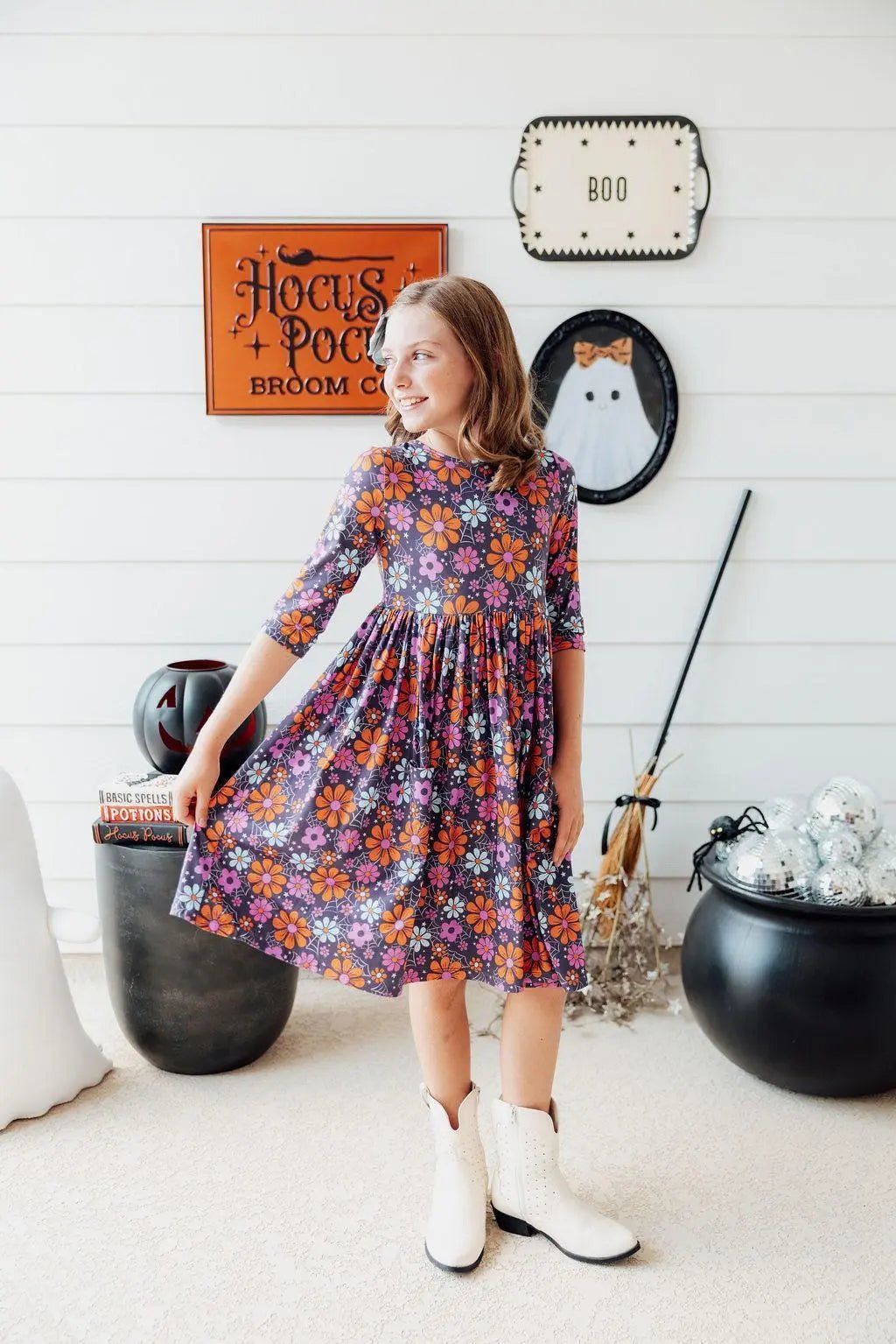 Mila & Rose ® Haunted Garden 3/4 Sleeve Pocket Twirl Dress - 