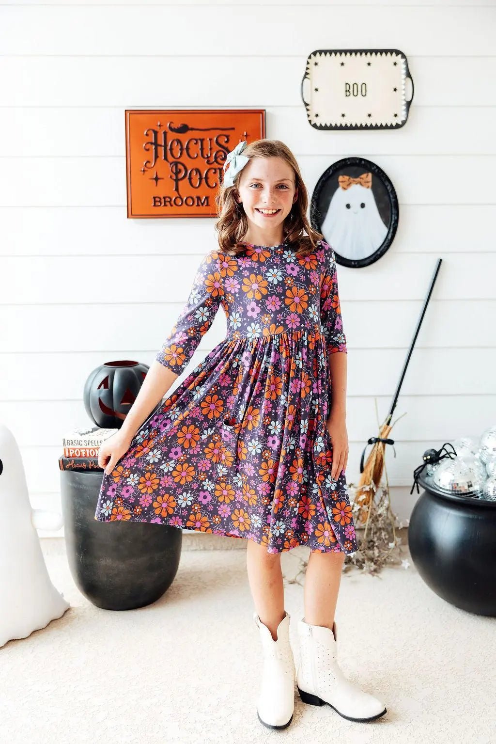 Mila & Rose ® Haunted Garden 3/4 Sleeve Pocket Twirl Dress - 