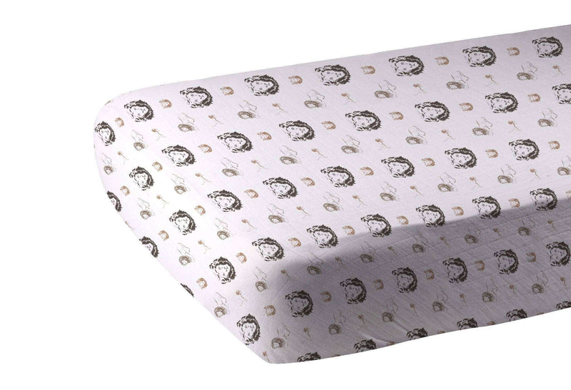 Bamboo muslin crib sheet with lion design, 28" x 52", Hear Me Roar theme.