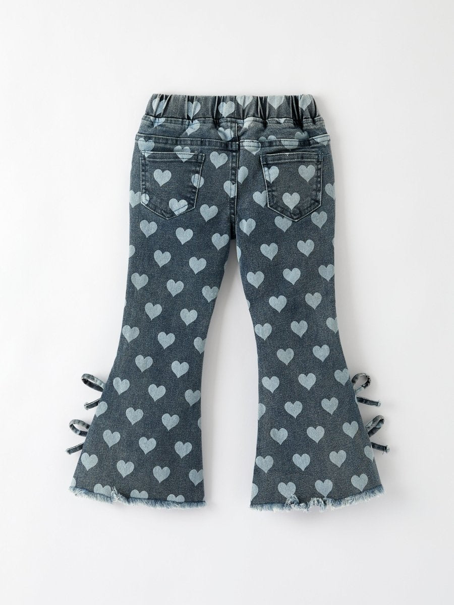 Rylee Faith Designs Heart Pattern Denim Bell Bottom Pants for Kids - 
