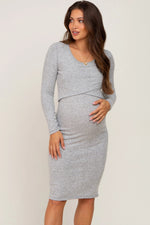 PinkBlush Heather Grey Brushed Knit Long Sleeve Maternity Wrap Nursing Dress - 