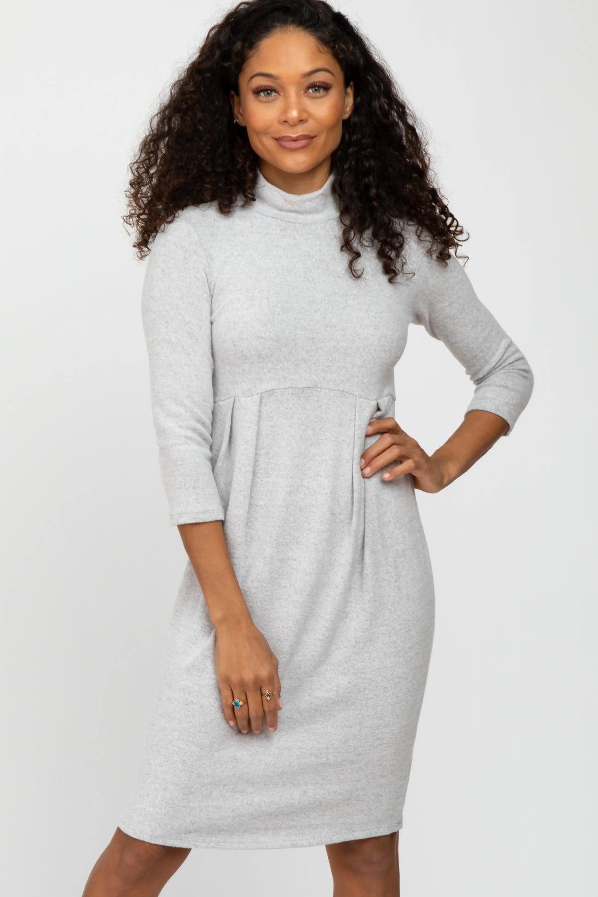 PinkBlush Heather Grey Brushed Mock Neck Fitted Dress - 