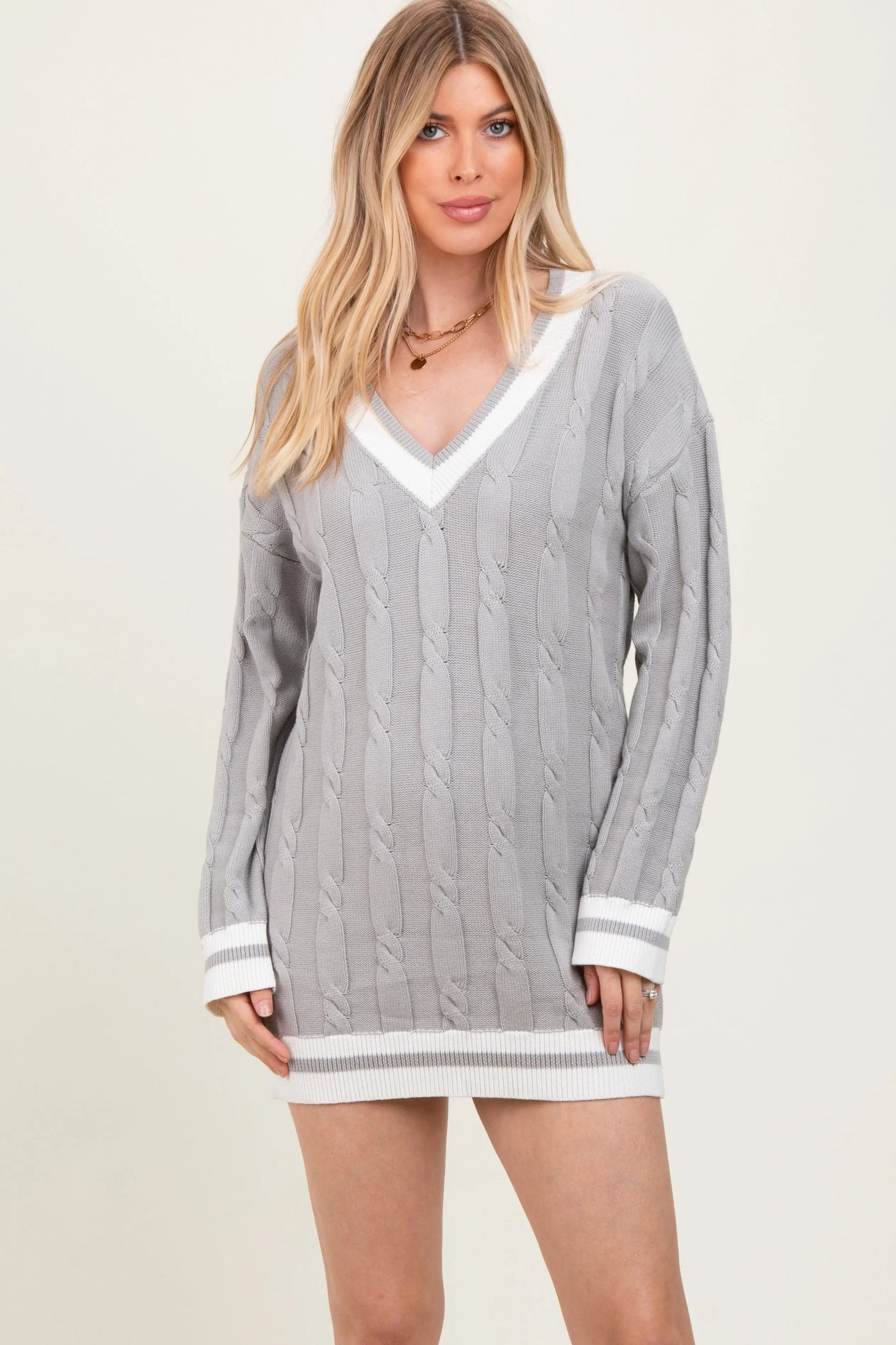PinkBlush Heather Grey Cable Knit Sweater Mini Dress - 