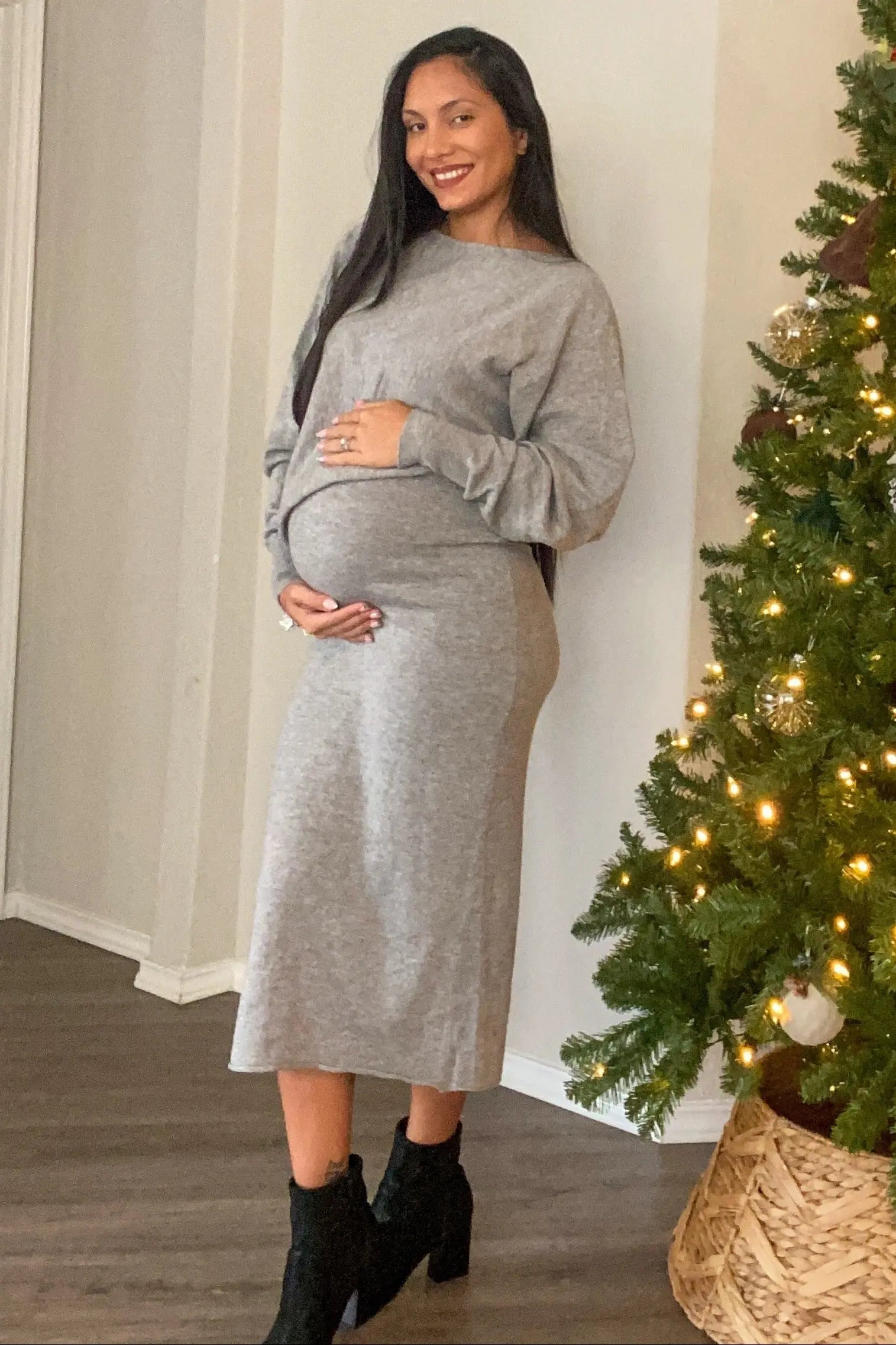 PinkBlush Heather Grey Knit Asymmetrical Top Midi Skirt Maternity Set - 