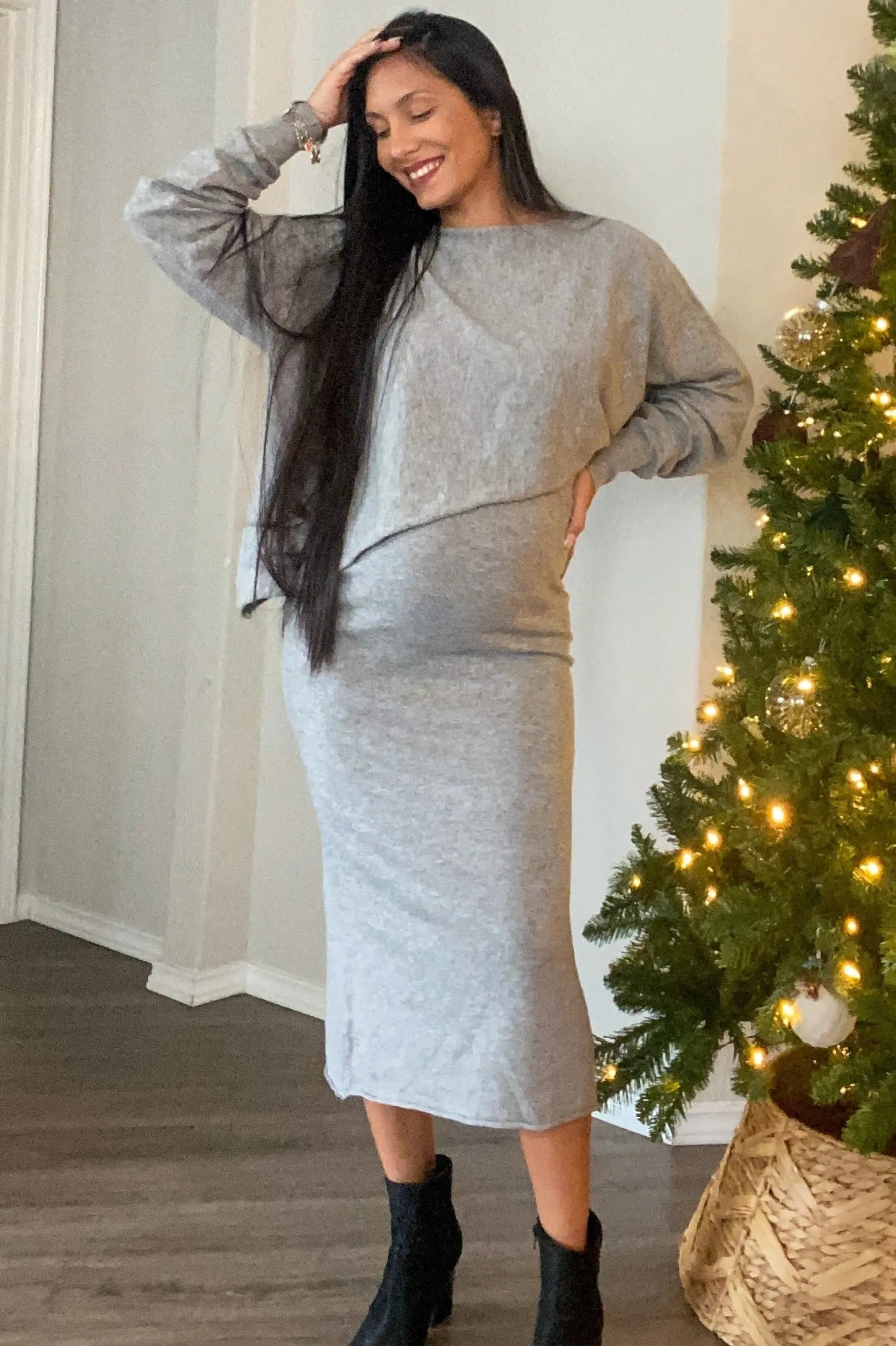 PinkBlush Heather Grey Knit Asymmetrical Top Midi Skirt Maternity Set - 