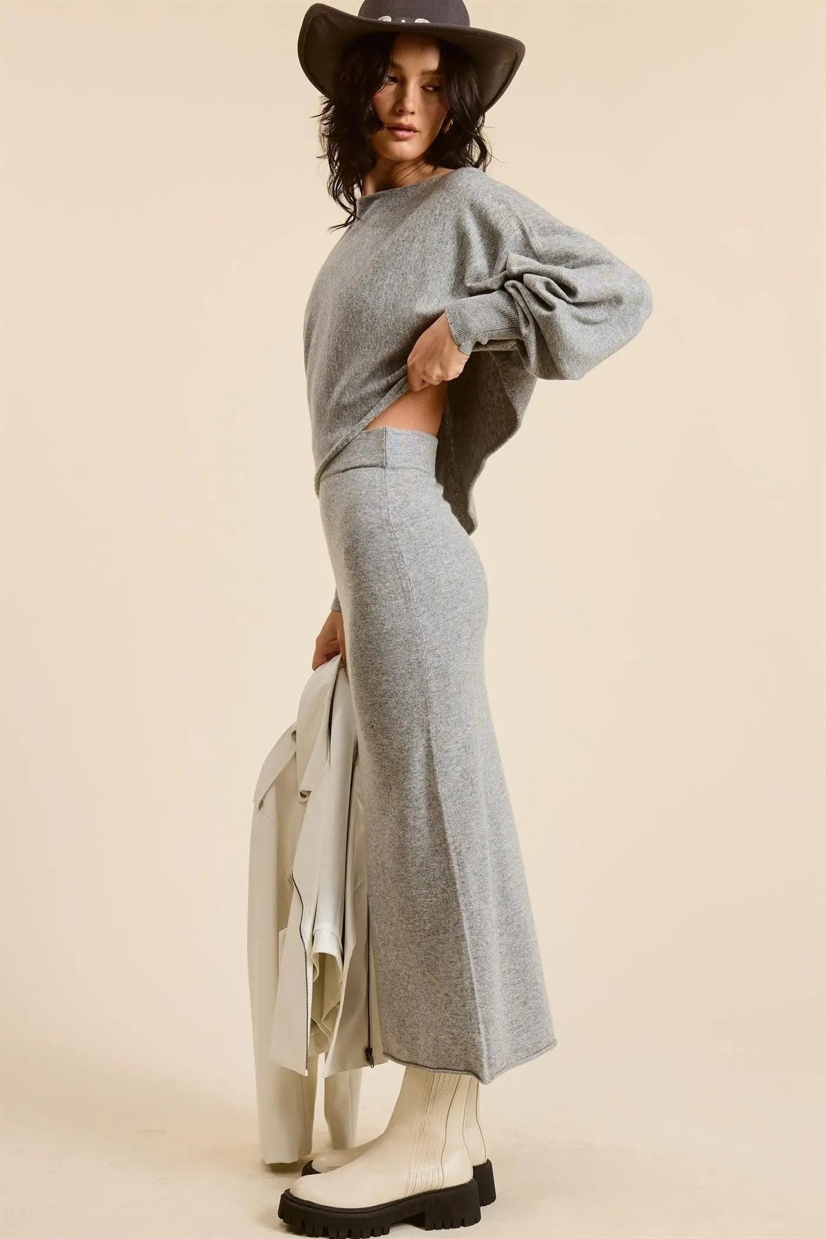PinkBlush Heather Grey Knit Asymmetrical Top Midi Skirt Set - 