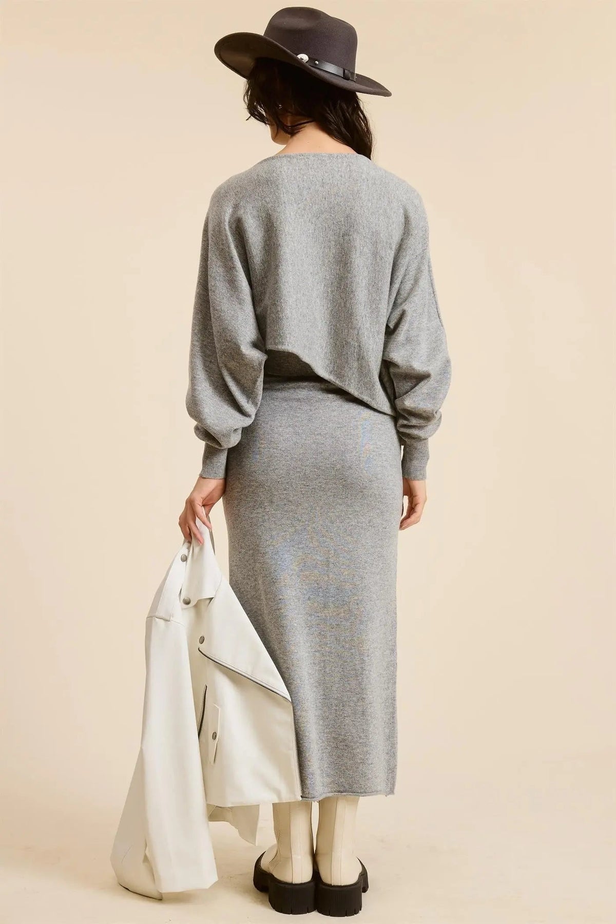 PinkBlush Heather Grey Knit Asymmetrical Top Midi Skirt Set - 