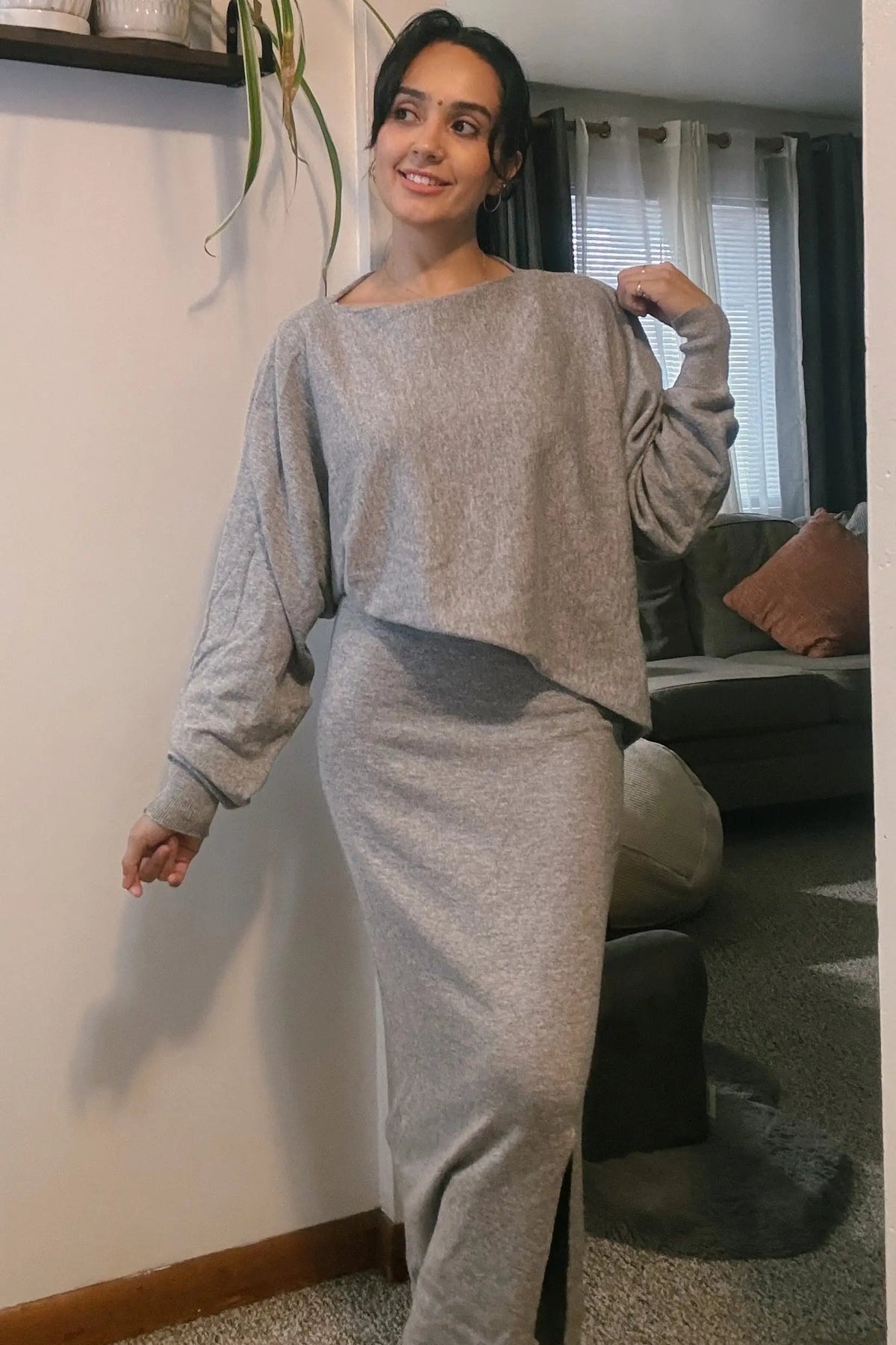 PinkBlush Heather Grey Knit Asymmetrical Top Midi Skirt Set - 