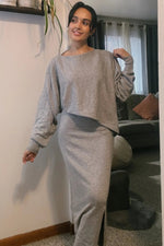 PinkBlush Heather Grey Knit Asymmetrical Top Midi Skirt Set - 