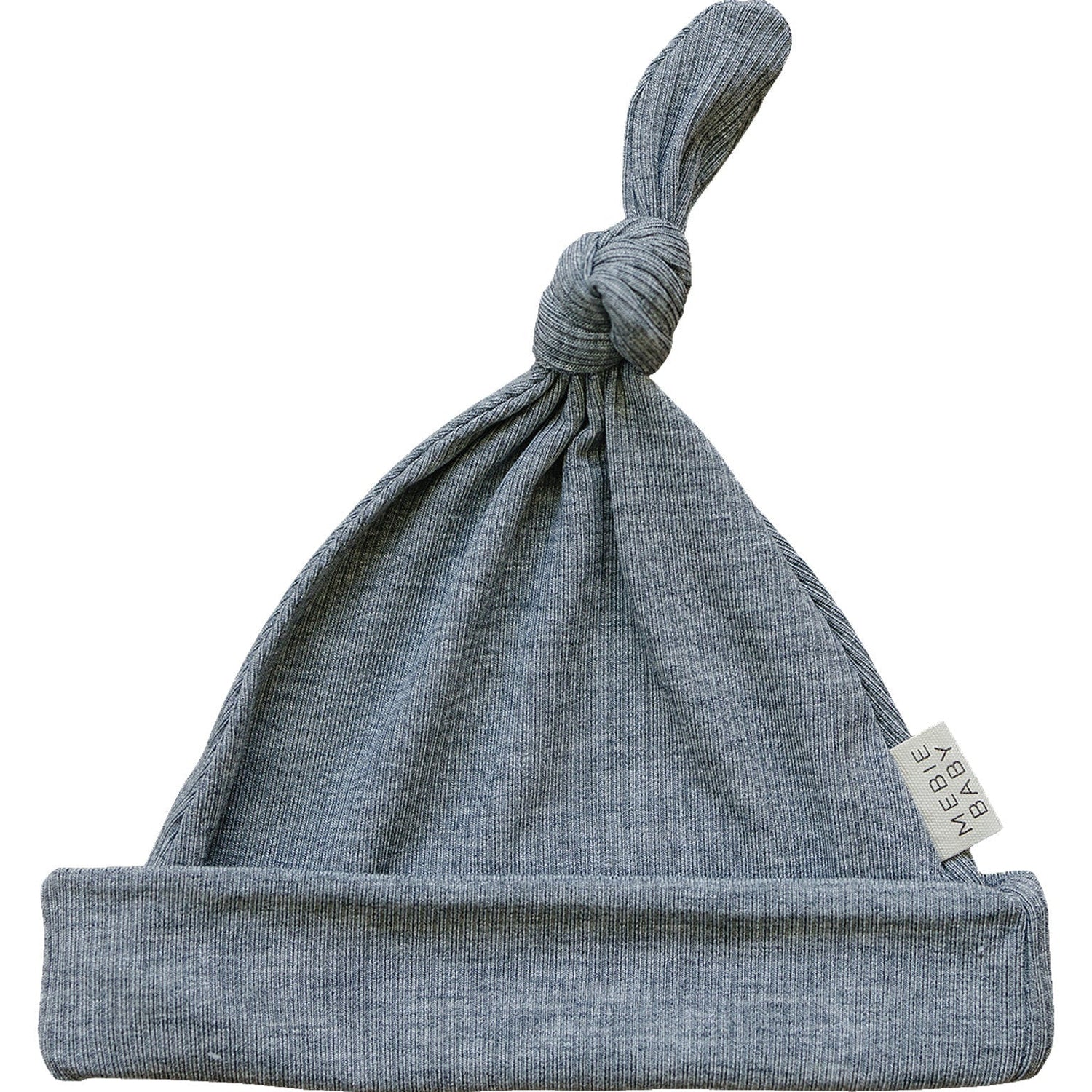 Heather grey ribbed newborn knot hat with a top knot, made from soft bamboo fabric