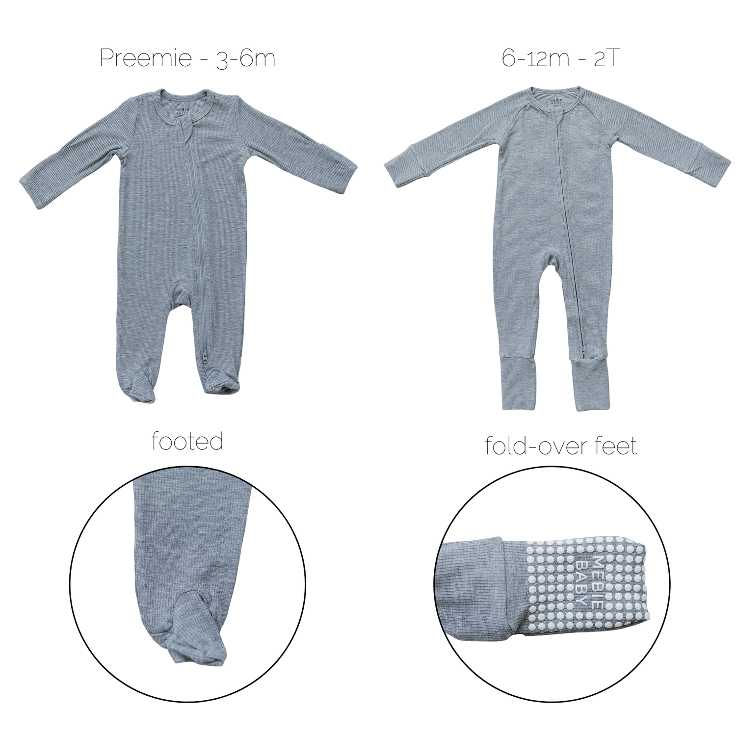 Mebie Baby Heather Grey Ribbed Bamboo Zipper Sleepwear for Babies Footed - 