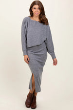 PinkBlush Heather Grey Ribbed Knit Asymmetric Top Midi Skirt Maternity Set - 