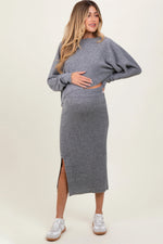 PinkBlush Heather Grey Ribbed Knit Asymmetric Top Midi Skirt Maternity Set - 