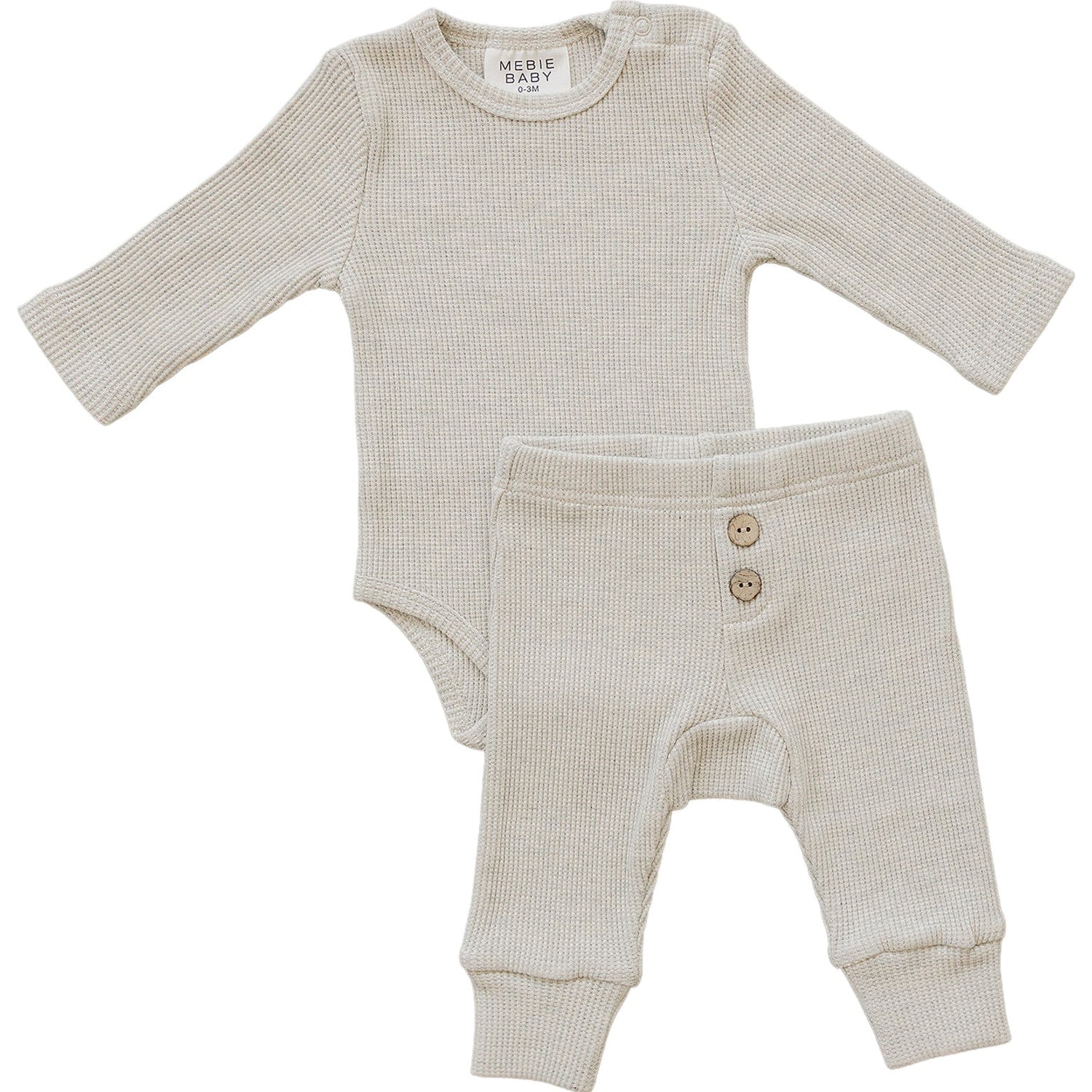 Heather grey waffle-knit set with a long sleeve bodysuit and matching relaxed-fit pants.
