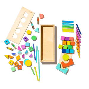 Set of solid wood building blocks in varied shapes and colors, including triangles and arches.