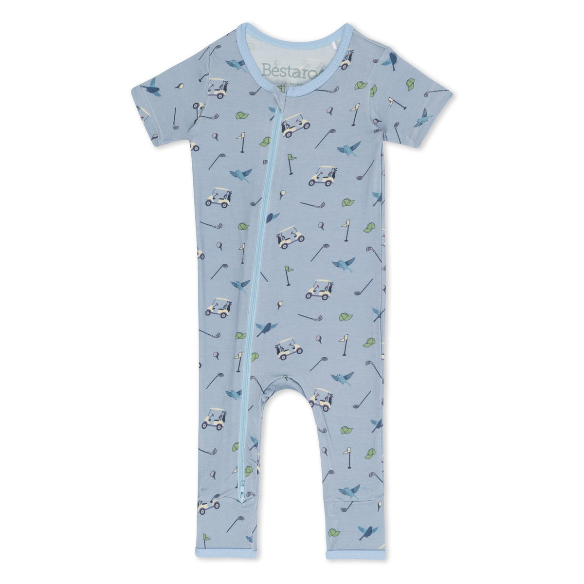 Short sleeve baby romper with a hole in one golf print and dual front zippers