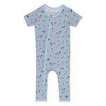 Short sleeve baby romper with a hole in one golf print and dual front zippers