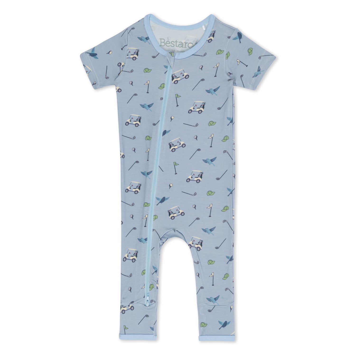 Short sleeve baby romper with a hole in one golf print and dual front zippers