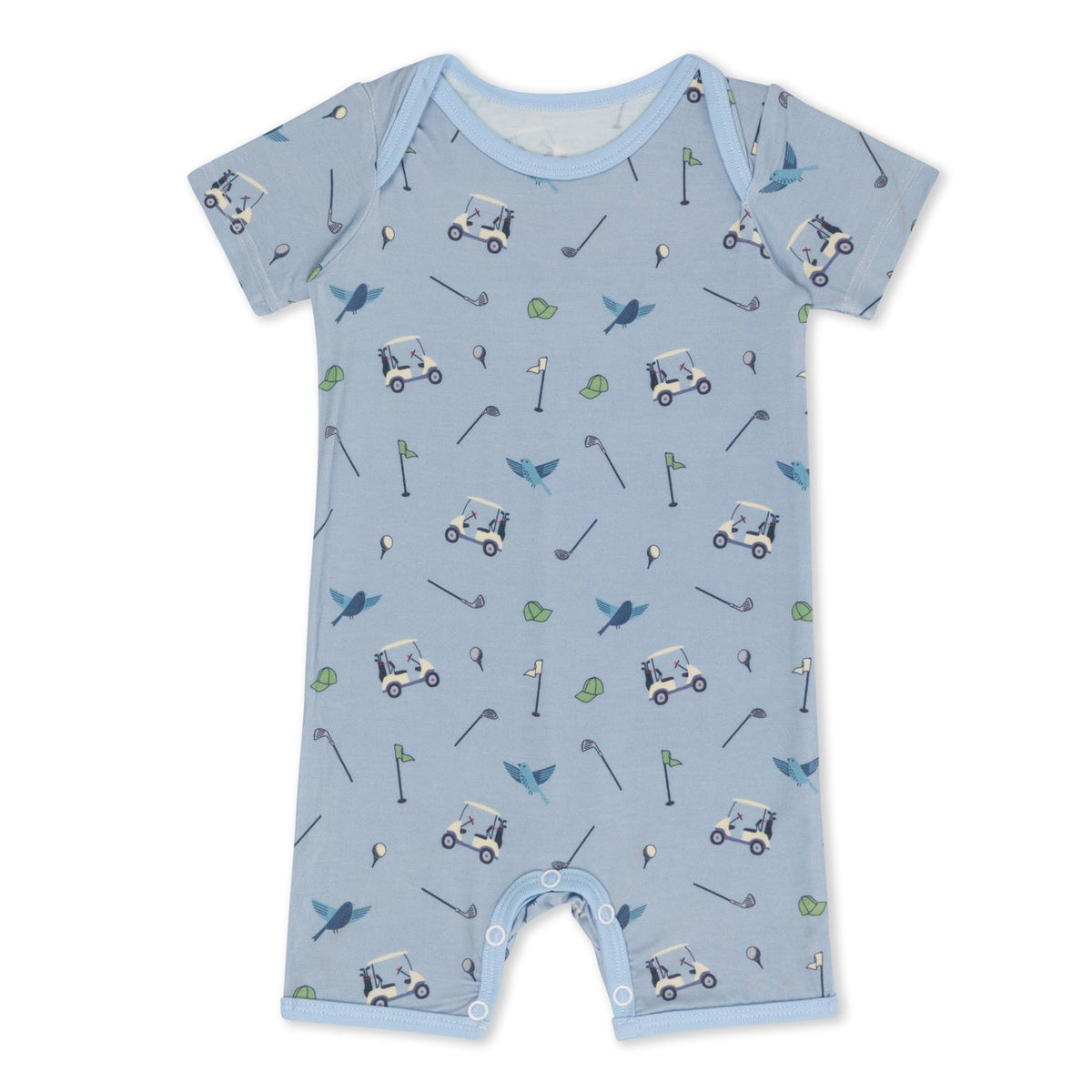 Baby shortall with a golf hole-in-one design, lap-shoulder neckline and snaps along the legs