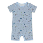 Baby shortall with a golf hole-in-one design, lap-shoulder neckline and snaps along the legs