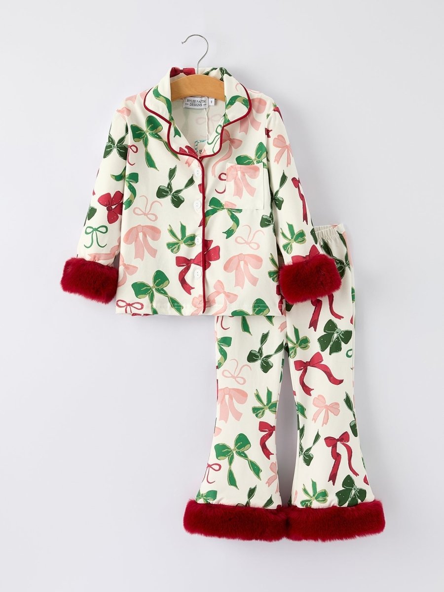 Rylee Faith Designs Holiday Bow Print Christmas Pajama Set Girls Cozy Sleepwear - 