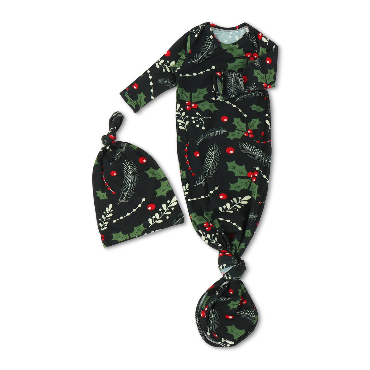 Baby gown and matching hat in a festive holiday print, with fold-over mittens at the sleeve cuffs.