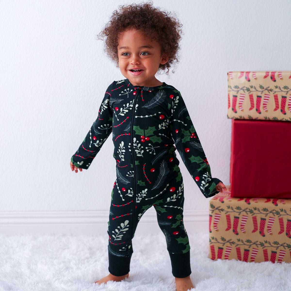 Holiday Nights bamboo coverall with front zipper and cuffed ankles in a festive nighttime print
