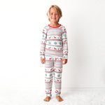 Blue two-piece baby pajama set with holiday reindeer print, matching long-sleeve top and pants