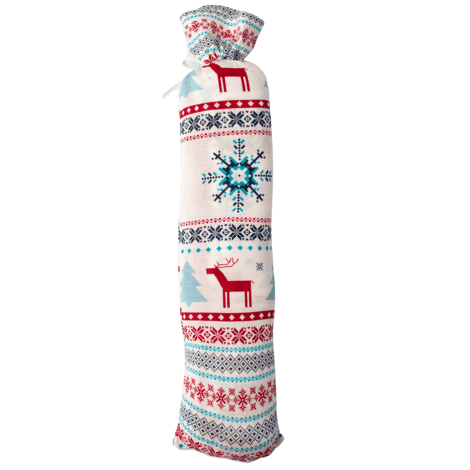Blue swaddle blanket printed with a holiday reindeer pattern, spread out flat