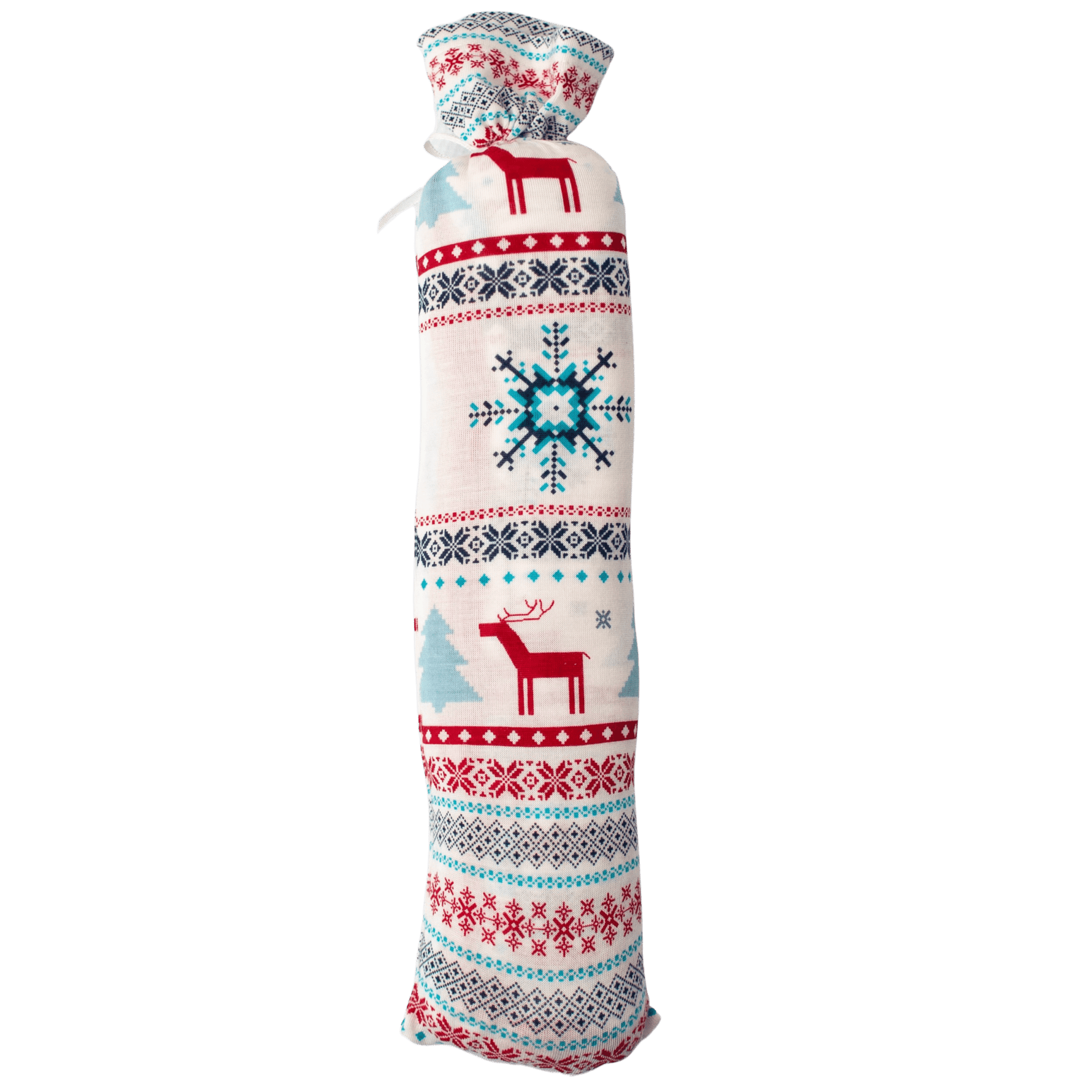 Blue swaddle blanket printed with a holiday reindeer pattern, spread out flat