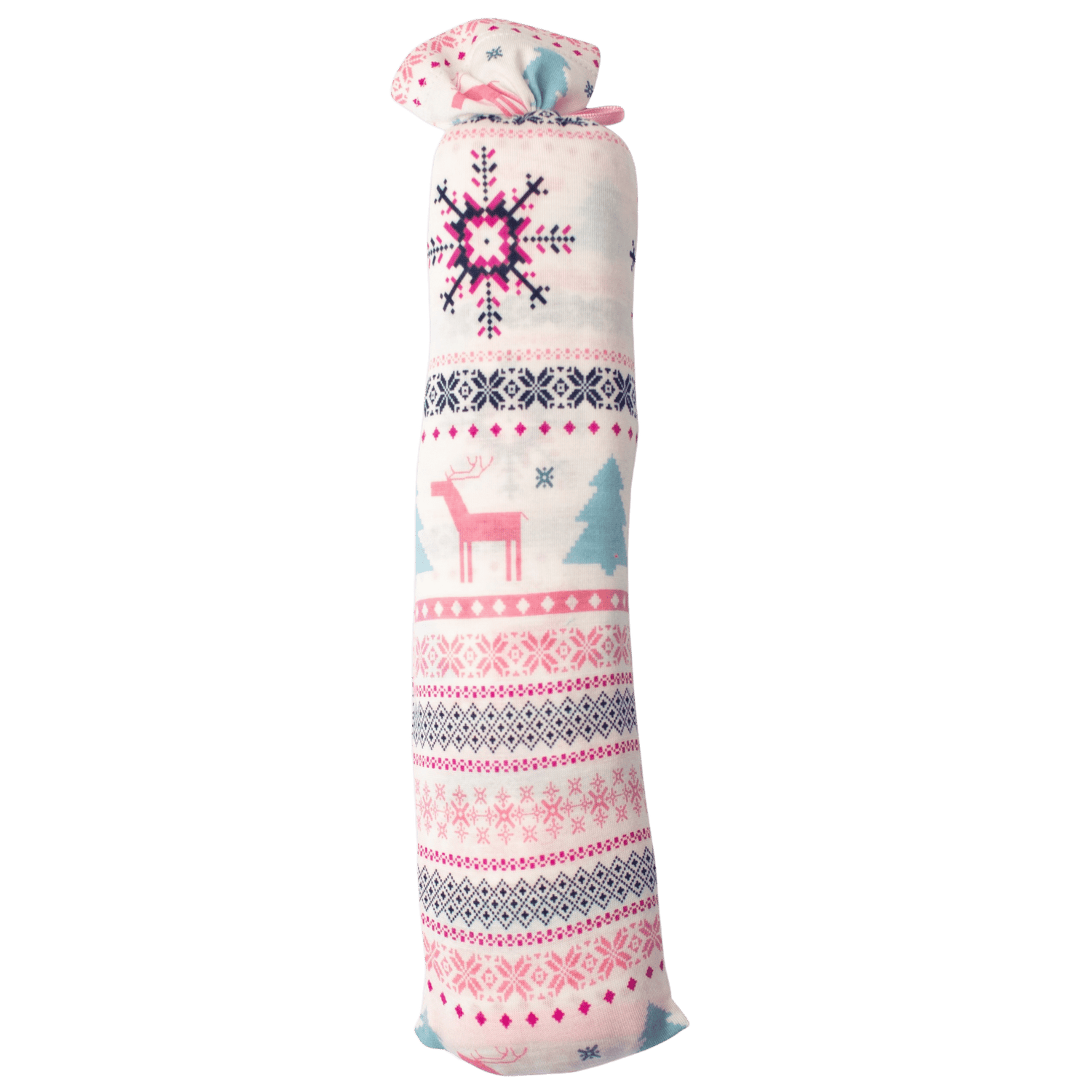 Pink swaddle blanket printed with holiday reindeer, spread out square to show the pattern