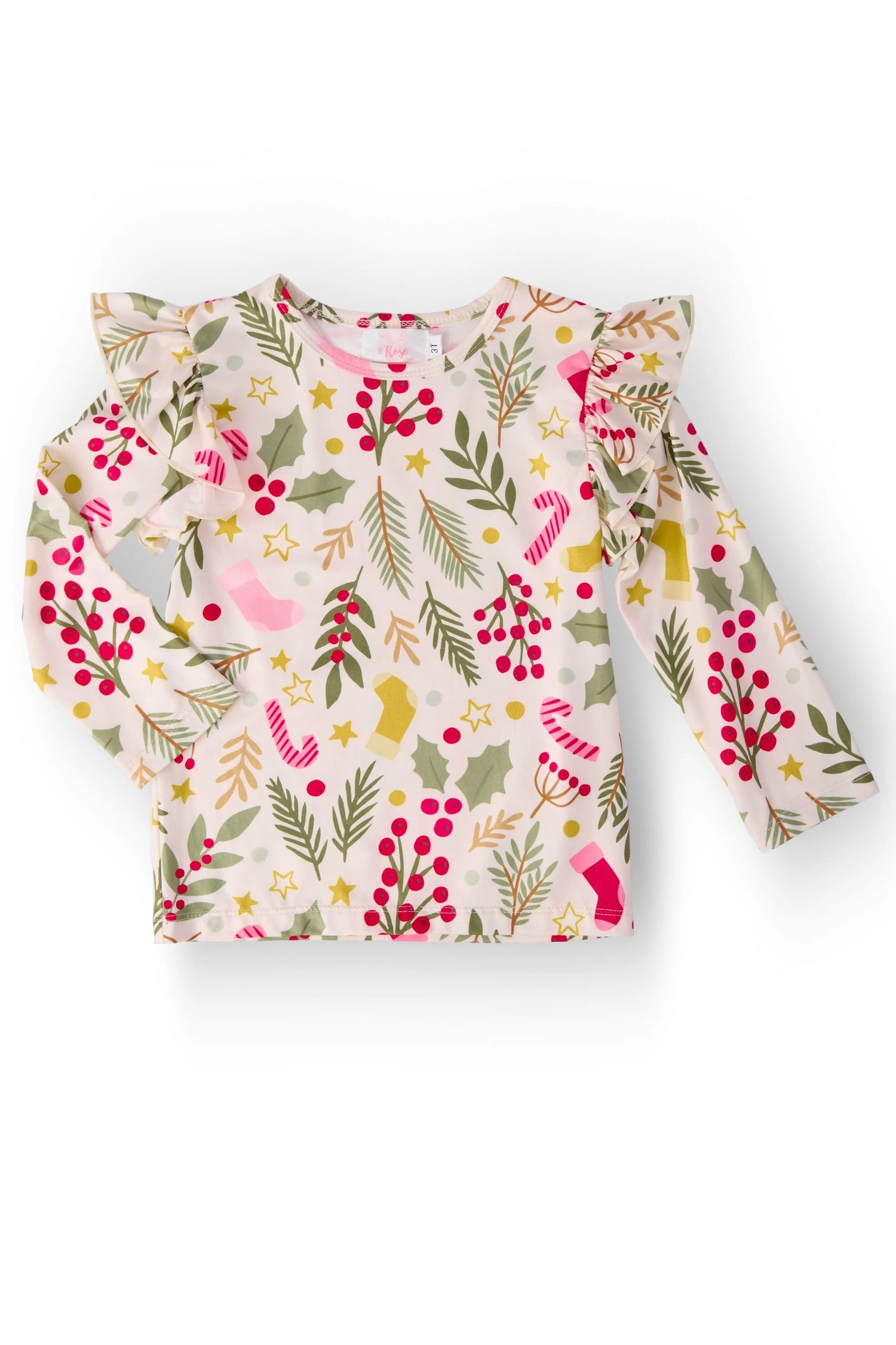 Long-sleeve ruffle tee with ruffle detail in a Holly Jolly Christmas print for girls