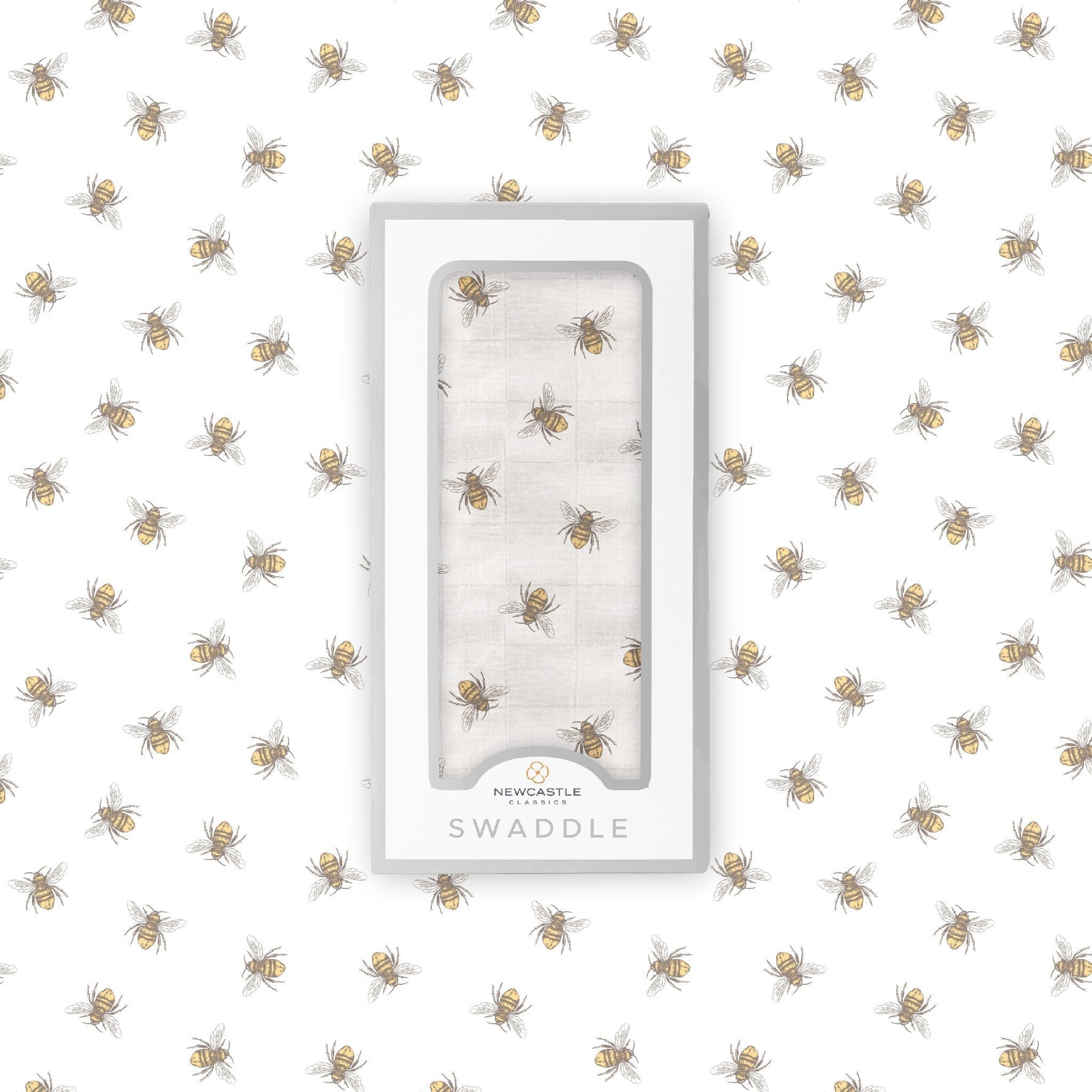 Soft organic bamboo baby swaddle blanket with a charming honey bee print, folded neatly.