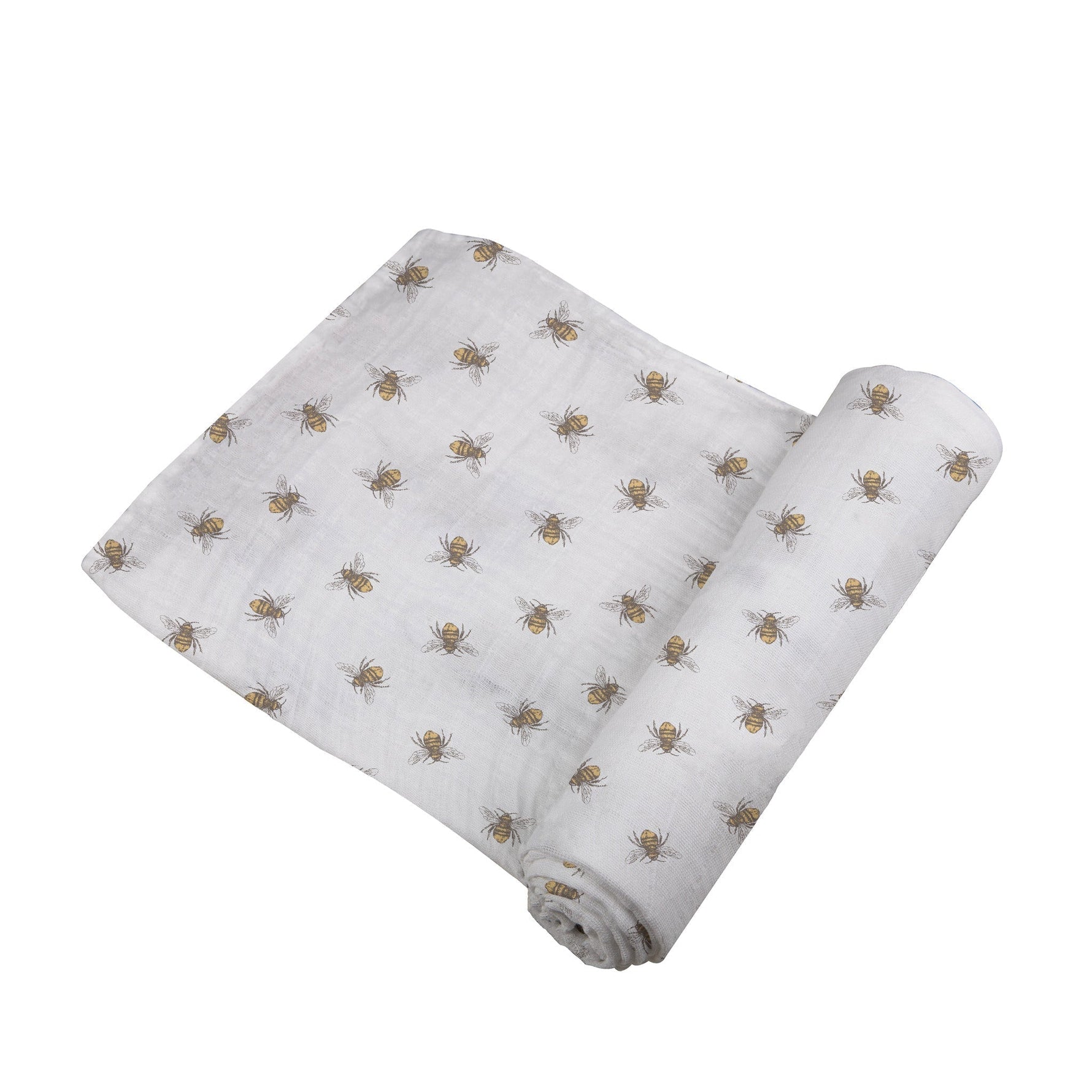Soft organic bamboo baby swaddle blanket with a charming honey bee print, folded neatly.