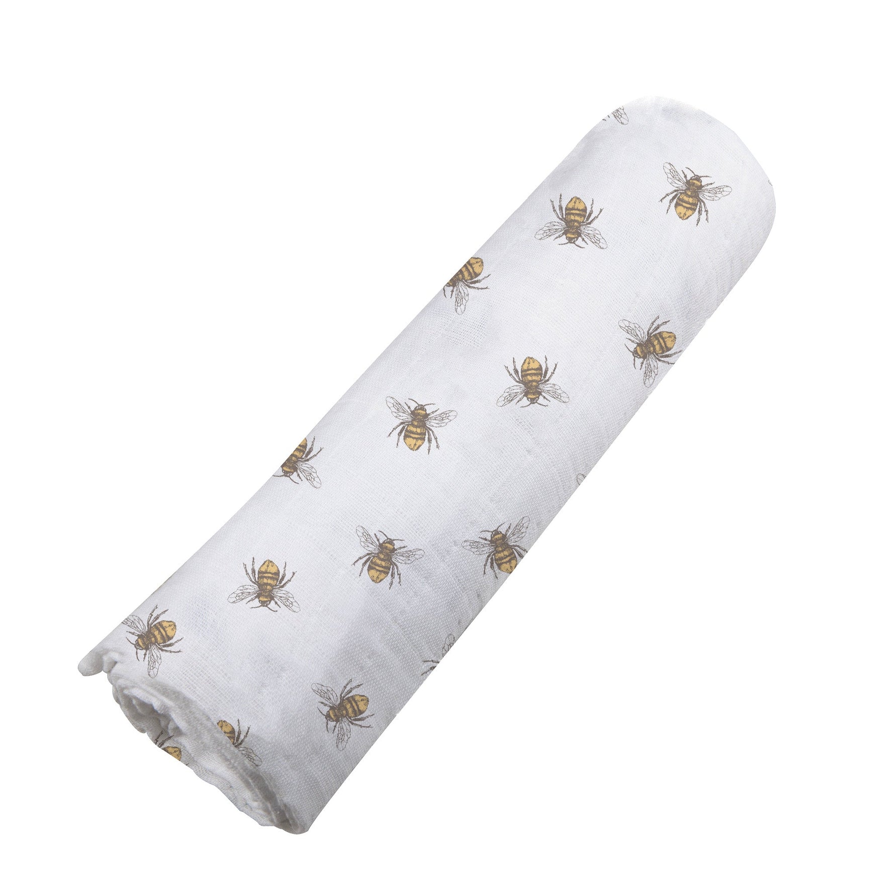 Soft organic bamboo baby swaddle blanket with a charming honey bee print, folded neatly.