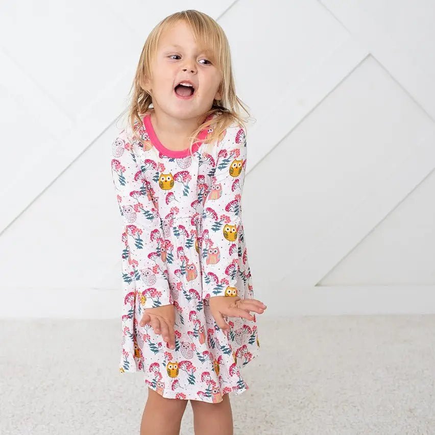 Bestaroo Hoot And Bloom Owls Dress For Toddlers In Bamboo Fabric With Long Sleeves - 