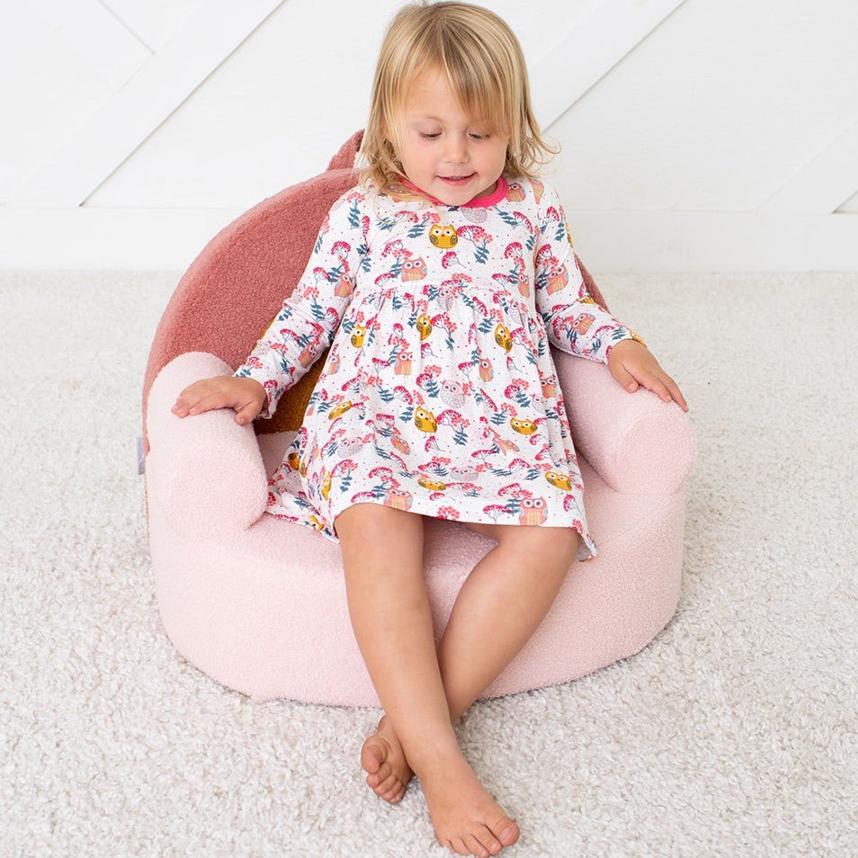 Long-sleeve toddler dress with a bright print of owls and flowers