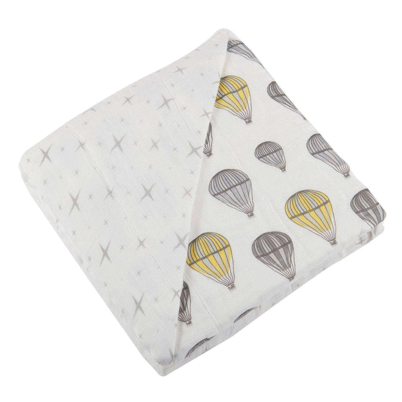 Hot Air Balloon Bamboo Muslin Blanket with colorful hot air balloon pattern, 47x47 inches.