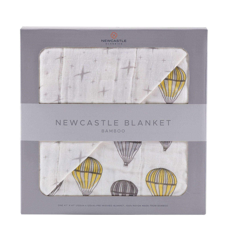 Hot Air Balloon Bamboo Muslin Blanket in packaging.