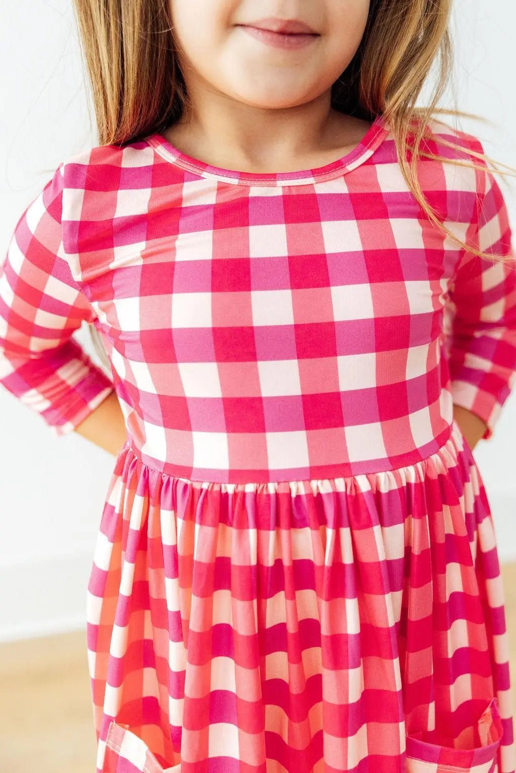 Mila & Rose ® Hot Pink Gingham 3/4 Sleeve Pocket Twirl Dress - 