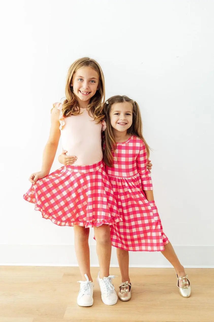 Mila & Rose ® Hot Pink Gingham 3/4 Sleeve Pocket Twirl Dress - 