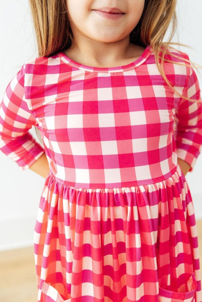 Mila & Rose ® Hot Pink Gingham 3/4 Sleeve Pocket Twirl Dress - 