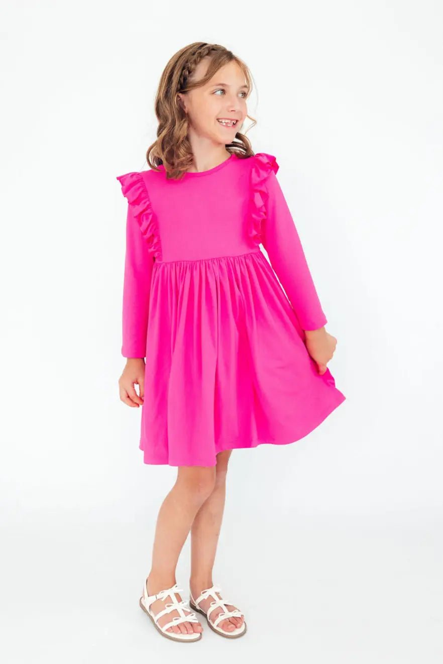 Hot Pink L/S Ruffle Twirl Dress - Day Dress, Pink, Dress, One-piece garment, Ruffle | Everetts Place
