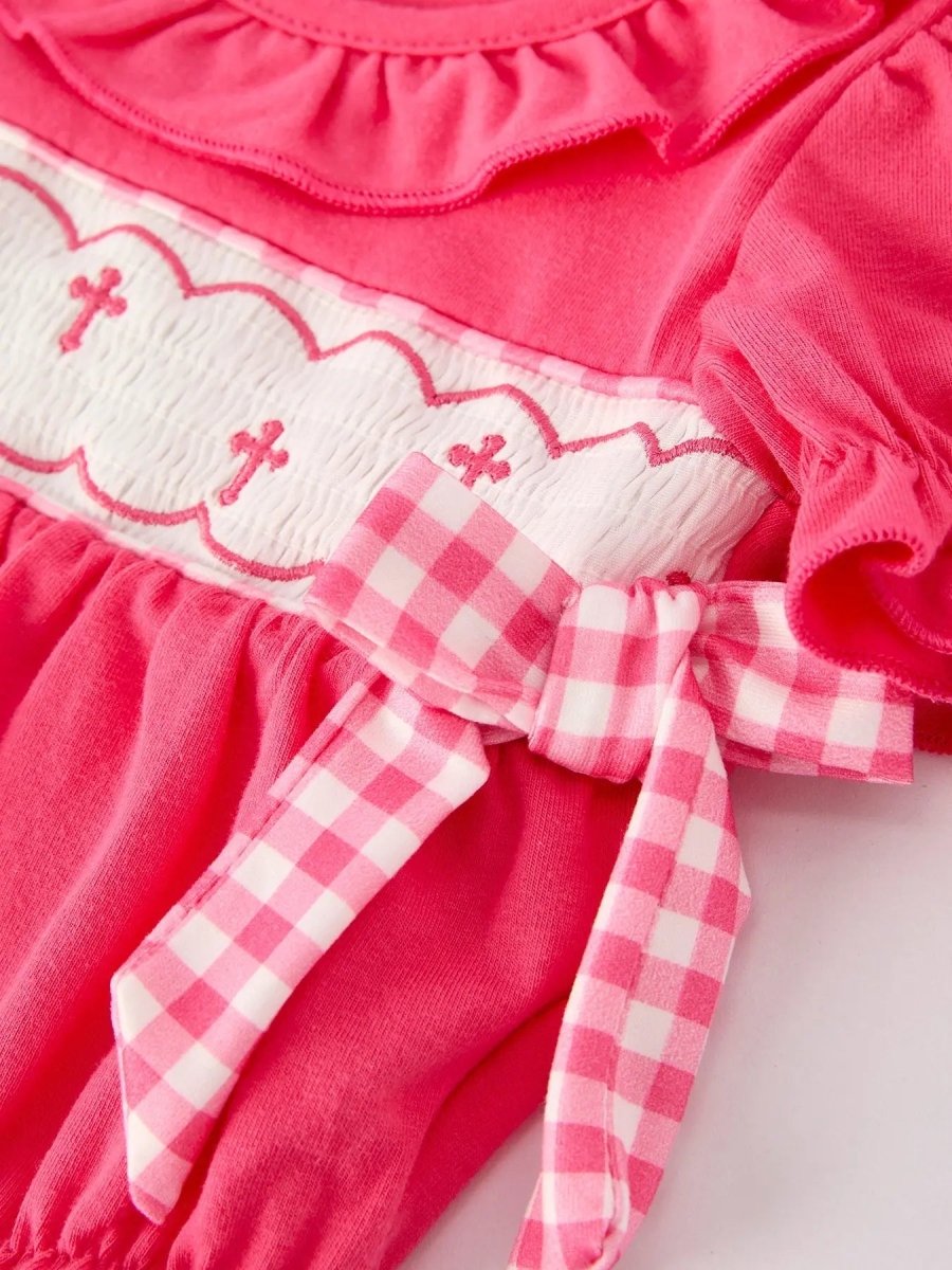 Rylee Faith Designs Hot Pink Smocked Church Bishop Christening Romper - Everetts Place Boutique - 