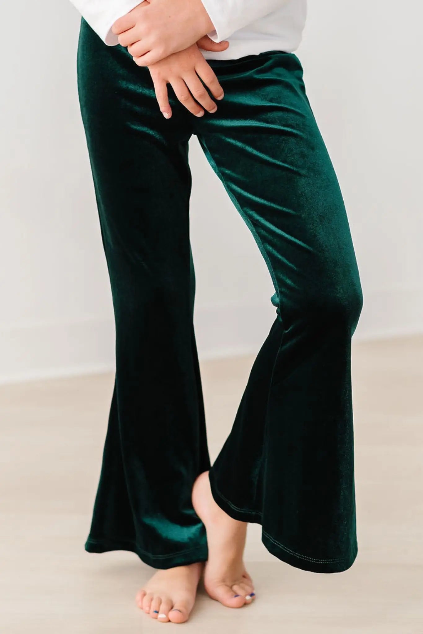 Hunter Green Velvet Bells - Palm trees, Pants, Person, Top | Everetts Place