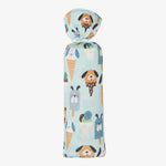 Blue swaddle blanket printed with puppies and ice cream cones on both sides