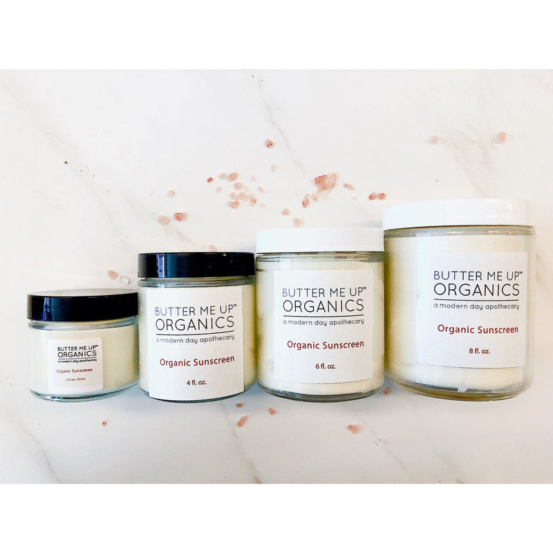 Natural organic sunscreen jars with non-nano zinc oxide for safe sun protection by Butter Me Up Organics.